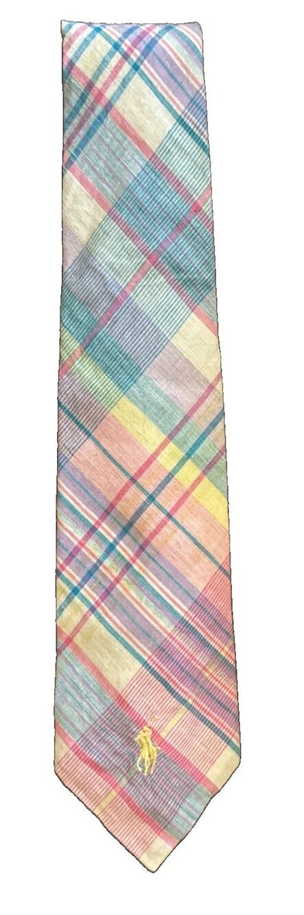 Vintage Polo Ralph Lauren Madras Plaid Necktie Tie Pastel Preppy Ivy 100% Cotton